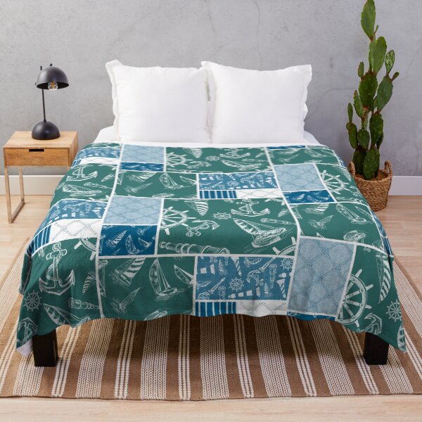 Item preview, Ocean Blue and Blue Green Quilt Design Nautical Charcoal Sketches Collection- Features Netting, Stripes, Nautical Items, and Lighthouse Designs designed and sold by PD-Coastal.