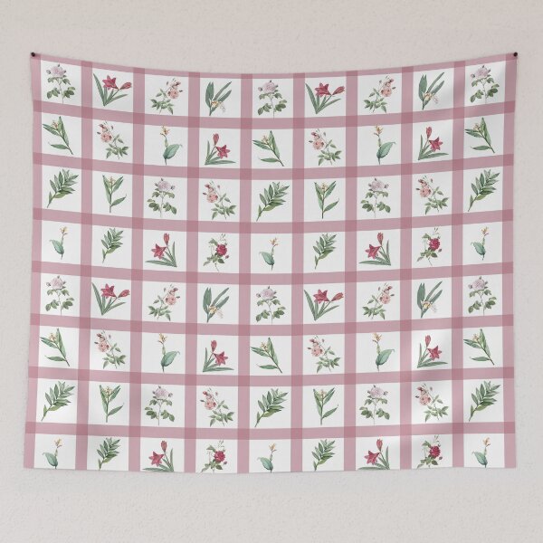 Item preview, Vintage botanical pattern on a pink checkered background designed and sold by Mellowtint Studio.