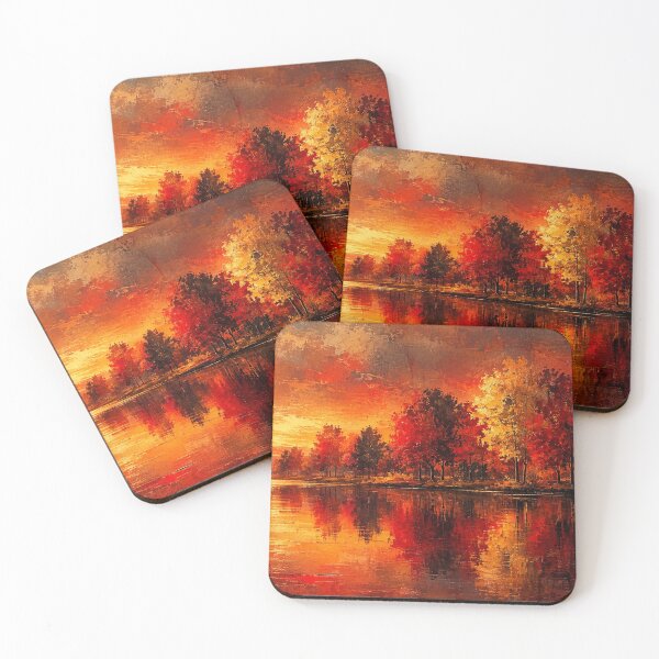Item preview, Autumn's Fiery Glow Red Gold Fall Lake Sunset Landscape Painting designed and sold by Joey Santiago.