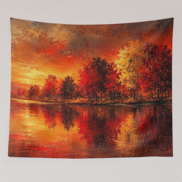 Item preview, Autumn's Fiery Glow Red Gold Fall Lake Sunset Landscape Painting designed and sold by Joey Santiago.
