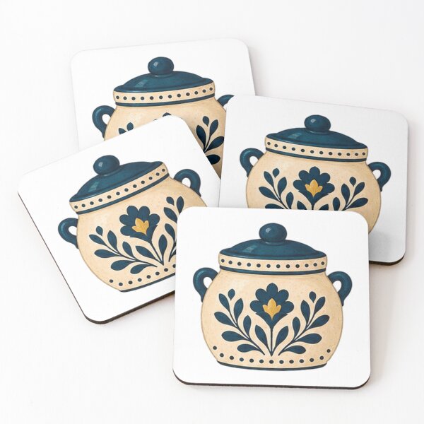 Item preview, Cream Folk Painted Crock with Navy Lid designed and sold by H. Doucette Studio.