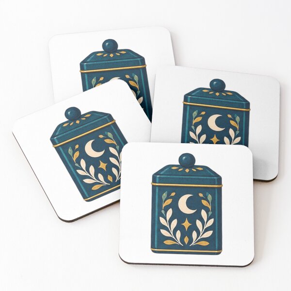 Item preview, Navy Tea Tin with Crescent Moon and Folk Leaves designed and sold by H. Doucette Studio.