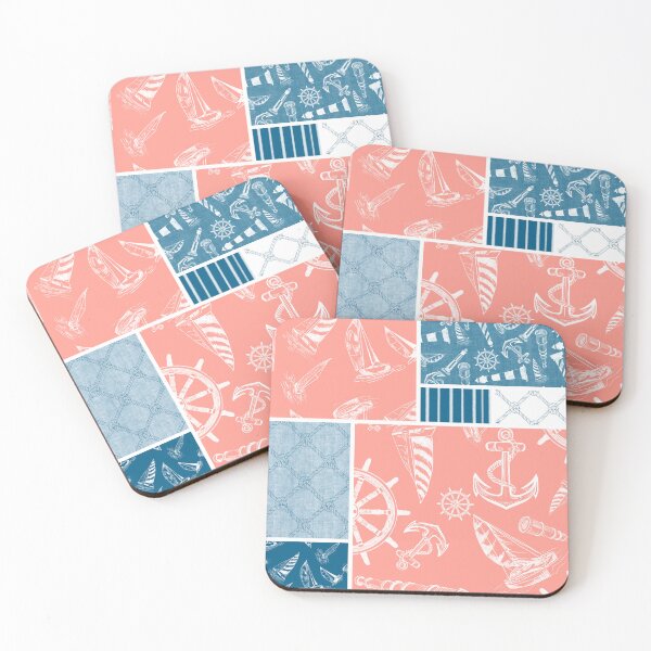 Item preview, Ocean Blue and Coral Quilt Design Nautical Charcoal Sketches Collection- Features Netting, Stripes, Nautical Items, and Lighthouse Designs designed and sold by PD-Coastal.