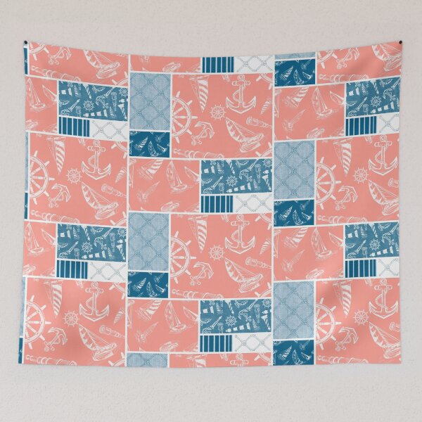 Item preview, Ocean Blue and Coral Quilt Design Nautical Charcoal Sketches Collection- Features Netting, Stripes, Nautical Items, and Lighthouse Designs designed and sold by PD-Coastal.