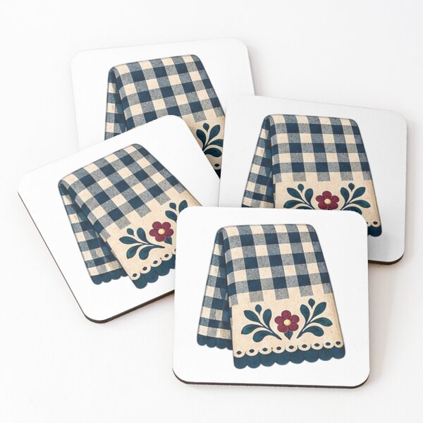 Item preview, Navy Gingham Tea Towel with Folk Embroidery designed and sold by H. Doucette Studio.