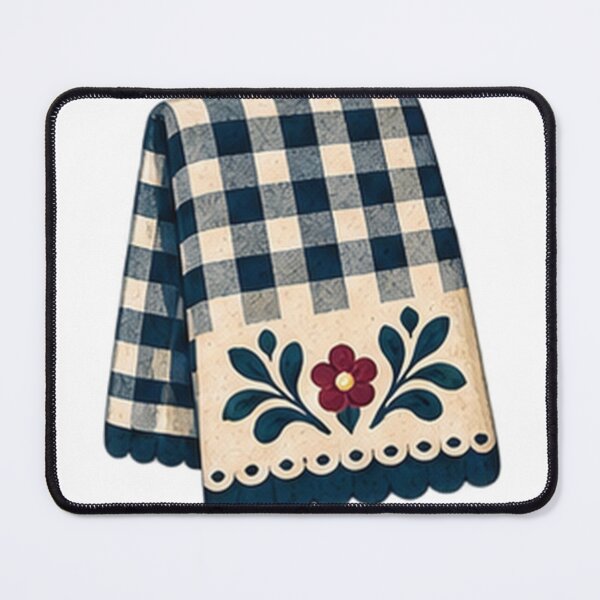 Item preview, Navy Gingham Tea Towel with Folk Embroidery designed and sold by H. Doucette Studio.