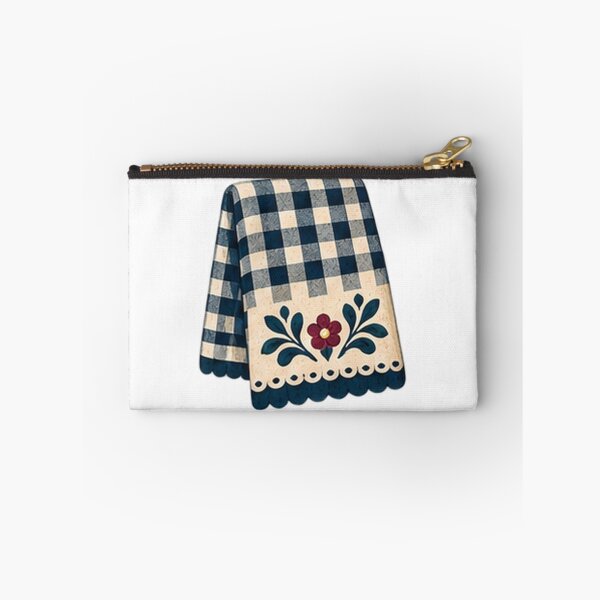 Item preview, Navy Gingham Tea Towel with Folk Embroidery designed and sold by H. Doucette Studio.