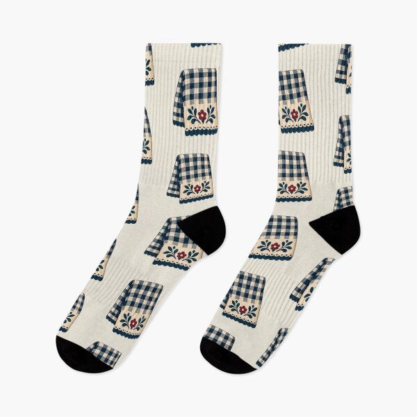 Item preview, Navy Gingham Tea Towel with Folk Embroidery designed and sold by H. Doucette Studio.