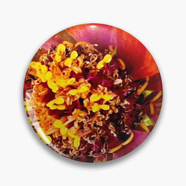 Aperçu de l'œuvre Zinnia orange flamboyant en gros plan avec étamines dorées — Photographie florale audacieuse créée et vendue par Pink Ribbon Flowers .