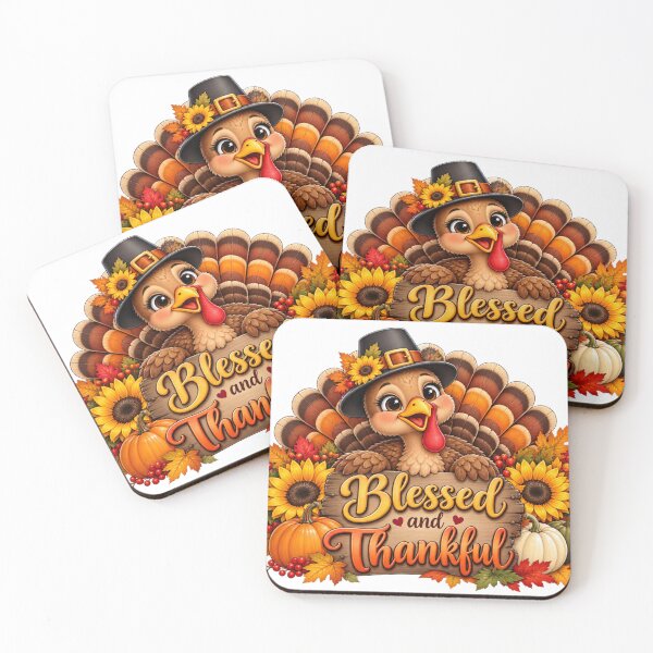 Item preview, Blessed and Thankful Cute Thanksgiving Turkey with Sunflowers and Pumpkins designed and sold by TessAdventures.