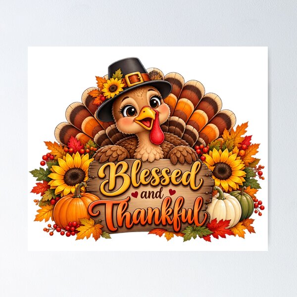 Item preview, Blessed and Thankful Cute Thanksgiving Turkey with Sunflowers and Pumpkins designed and sold by TessAdventures.