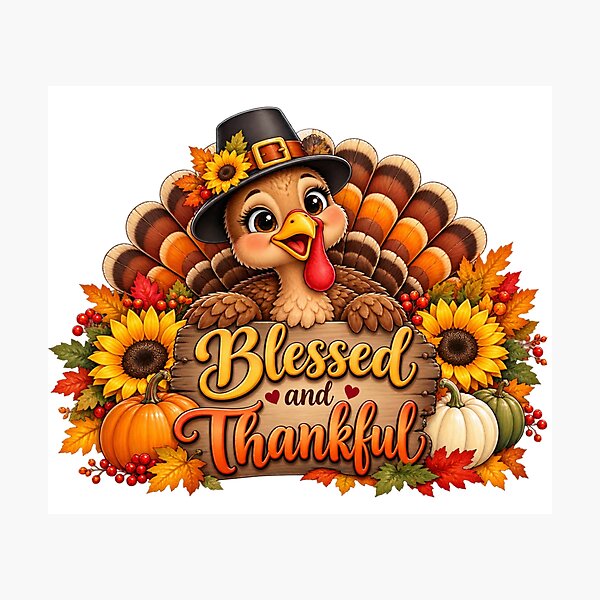 Item preview, Blessed and Thankful Cute Thanksgiving Turkey with Sunflowers and Pumpkins designed and sold by TessAdventures.