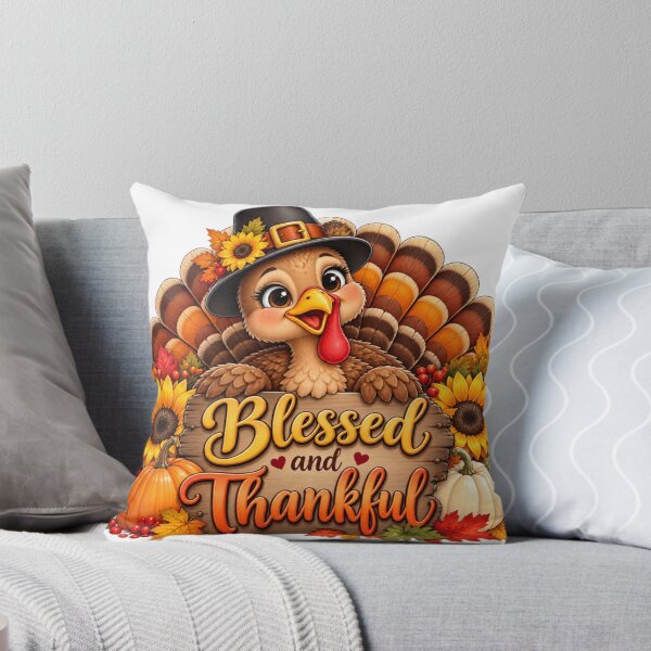 Item preview, Blessed and Thankful Cute Thanksgiving Turkey with Sunflowers and Pumpkins designed and sold by TessAdventures.