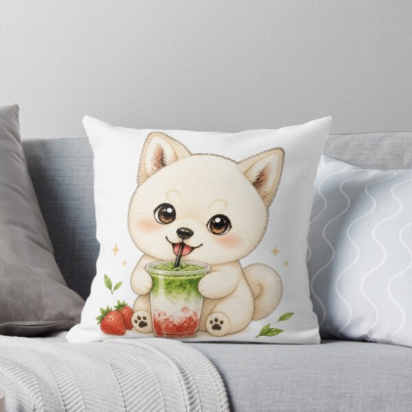 Item preview, Cream Shiba Inu with a Strawberry Matcha Latte designed and sold by Kawaii Matcha Studio.