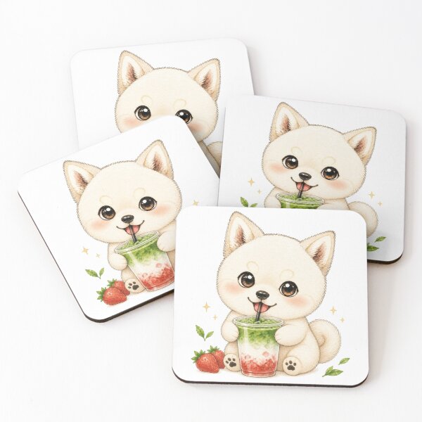 Item preview, Cream Shiba Inu with a Strawberry Matcha Latte designed and sold by Kawaii Matcha Studio.