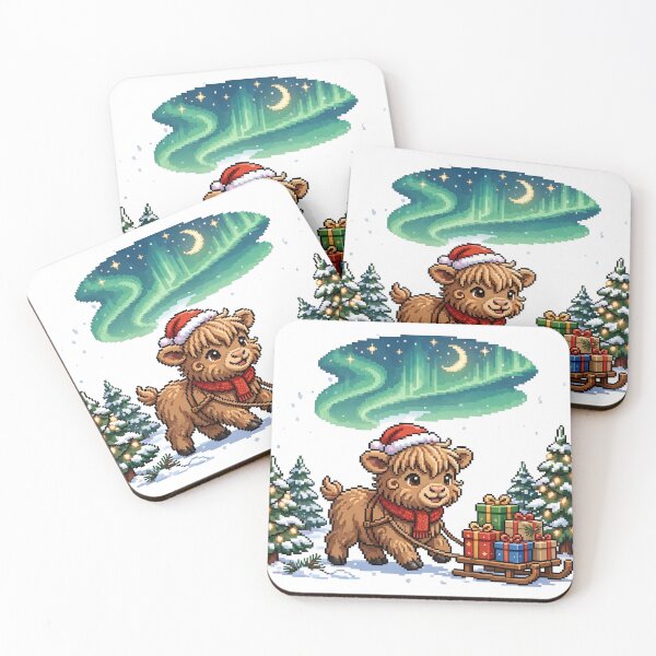 Item preview, Highland Cow Santa Gift Sled Christmas Pixel Art designed and sold by Ebodega.