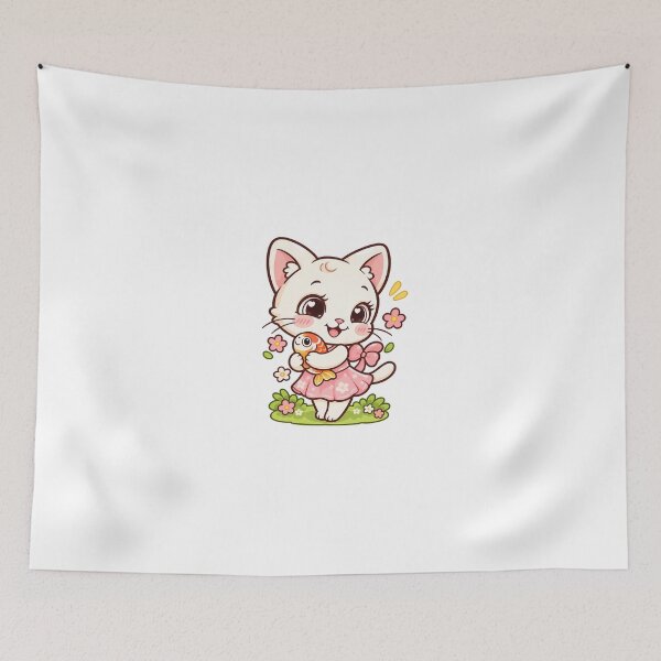 Item preview, Kawaii White Kitten Hugging Goldfish Cute Cat in Pink Floral Dress designed and sold by mumeaw.