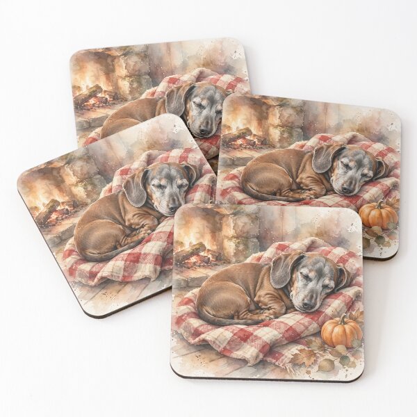 Item preview, Cozy Senior Dachshund — Watercolor Nap by the Fire designed and sold by LongDogPrintsCo.