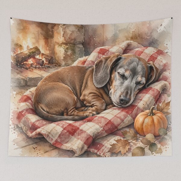 Item preview, Cozy Senior Dachshund — Watercolor Nap by the Fire designed and sold by LongDogPrintsCo.