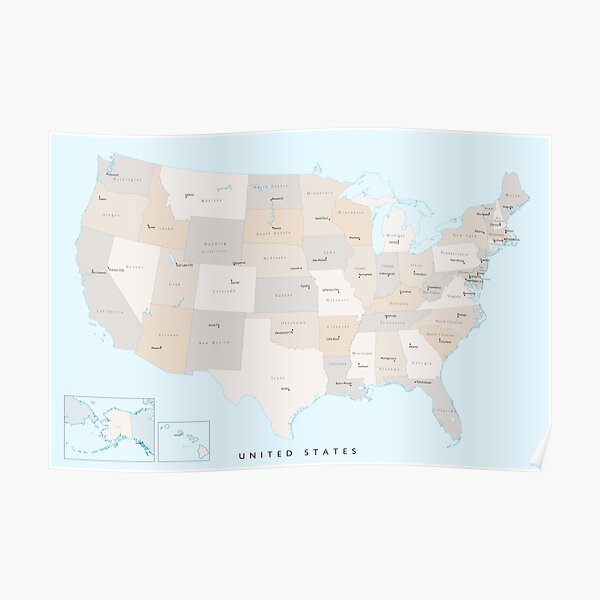 Map of the USA with states and state capitals, "Keane" Poster