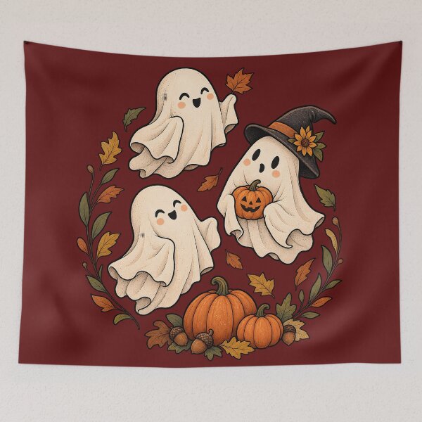 Item preview, Cute Autumn Ghosts with Pumpkins and Fall Leaves designed and sold by Pawzenix.