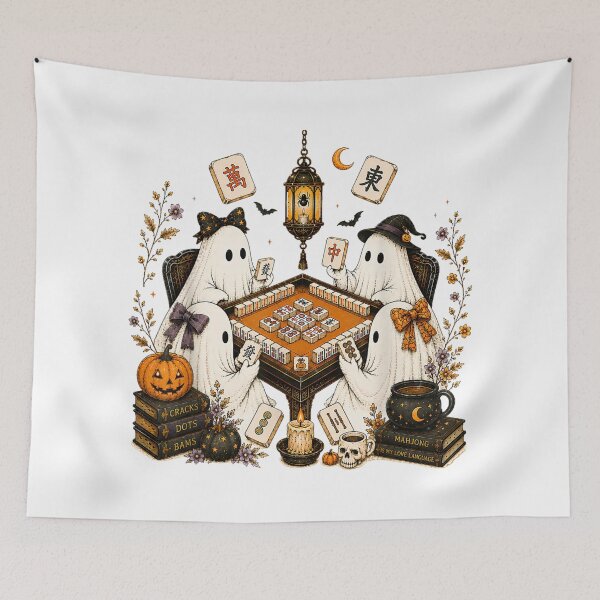Item preview, Retro Cute Funny Boo Witchy Ghosts Playing Mahjong Halloween designed and sold by River Silva.