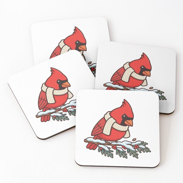 Item preview, Northern Cardinal in a Cream Knitted Scarf on a Snowy Cedar Bough, Winter Cardinal designed and sold by ElicitaDesign.
