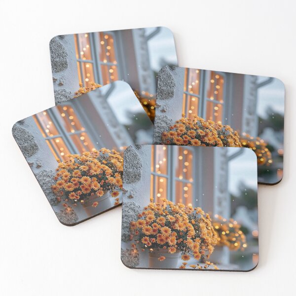 Item preview, Cozy Autumn Cottage Window — Orange Chrysanthemums & Fairy Lights Art designed and sold by LYAN-STORE.