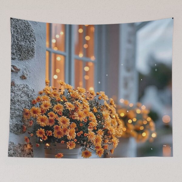 Item preview, Cozy Autumn Cottage Window — Orange Chrysanthemums & Fairy Lights Art designed and sold by LYAN-STORE.