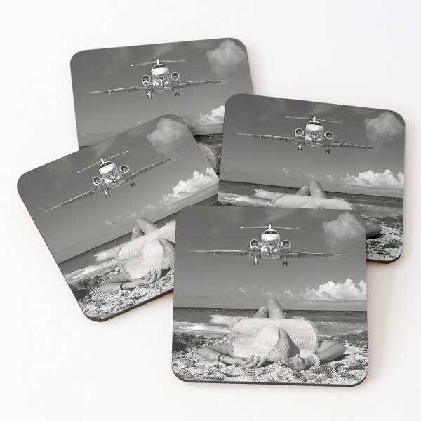 Item preview, Steady As She Goes; island style aircraft coming in for a landing over woman lying on the beach black and white photography photographs photograph poster art designed and sold by Astrid Arkhangelsky.