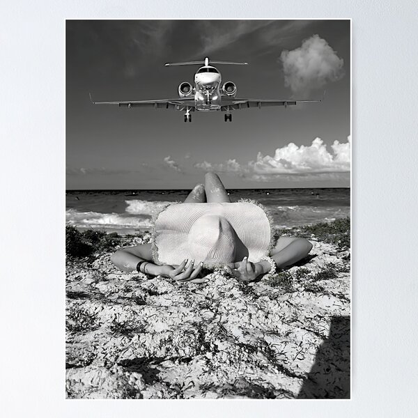 Item preview, Steady As She Goes; island style aircraft coming in for a landing over woman lying on the beach black and white photography photographs photograph poster art designed and sold by Astrid Arkhangelsky.