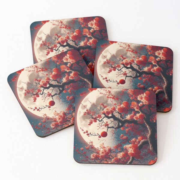 Item preview, Japanese Red Cherry Blossom Full Moon Landscape — Red Sakura Night Art designed and sold by LYAN-STORE.