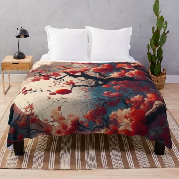 Item preview, Japanese Red Cherry Blossom Full Moon Landscape — Red Sakura Night Art designed and sold by LYAN-STORE.