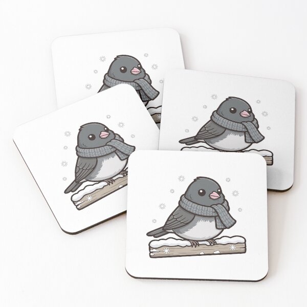 Item preview, Dark-Eyed Junco in a Grey Knitted Scarf on a Snowy Fence Rail, Winter Junco designed and sold by ElicitaDesign.