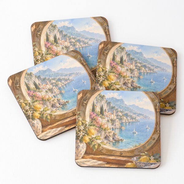 Item preview, Coastal Amalfi Porthole View Watercolour Mediterranean Art designed and sold by Jozefin's Studio.