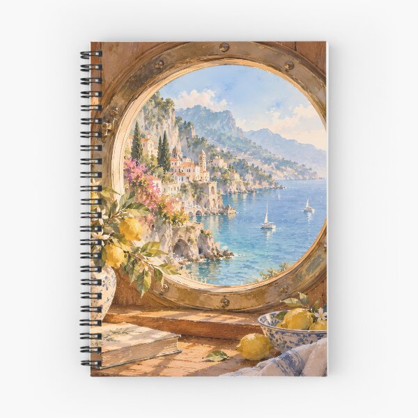 Item preview, Coastal Amalfi Porthole View Watercolour Mediterranean Art designed and sold by Jozefin's Studio.