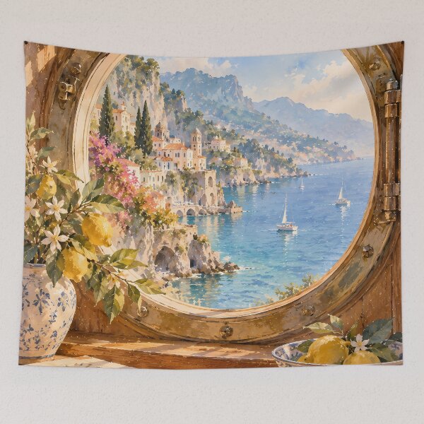 Item preview, Coastal Amalfi Porthole View Watercolour Mediterranean Art designed and sold by Jozefin's Studio.