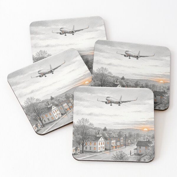 Item preview, Airliner over a Small Town at Dusk – Autumn Pencil Sketch designed and sold by EMaviation_.