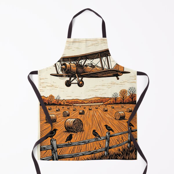 Item preview, Vintage Biplane over a Harvest Field - Autumn Linocut with Crows designed and sold by EMaviation_.