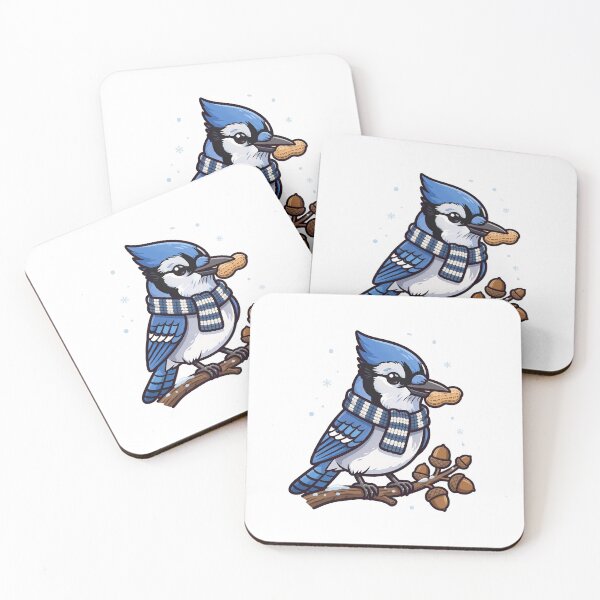 Item preview, Blue Jay in a Striped Scarf Holding a Peanut on an Oak Branch, Winter Blue Jay designed and sold by ElicitaDesign.