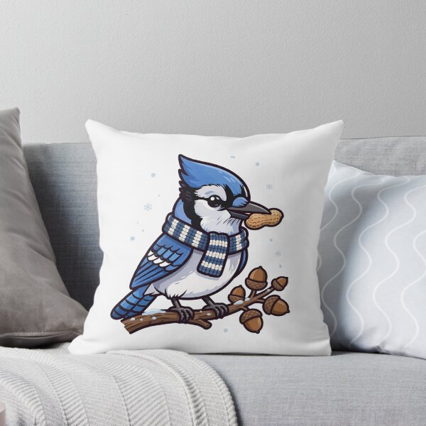 Item preview, Blue Jay in a Striped Scarf Holding a Peanut on an Oak Branch, Winter Blue Jay designed and sold by ElicitaDesign.