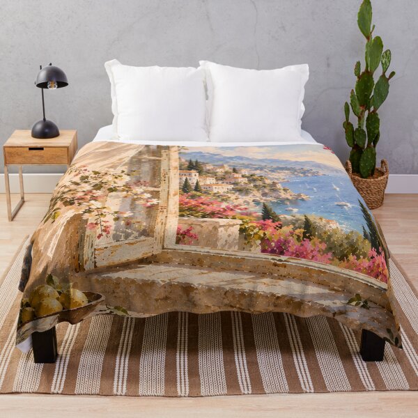 Item preview, Coastal Mediterranean Window View Oil Painting Bougainvillea designed and sold by Jozefin's Studio.
