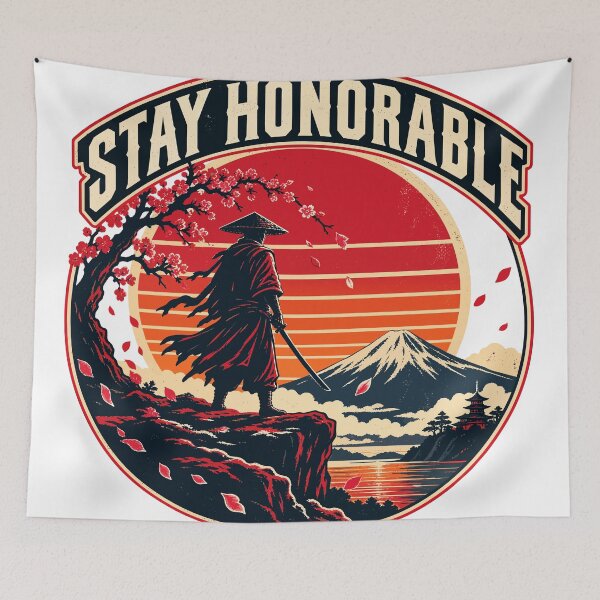 Aperçu de l'œuvre Restez honorable samouraï Badge rétro coucher de soleil créée et vendue par codex401.
