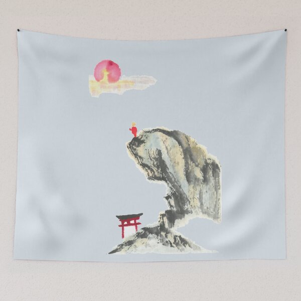 Item preview, Monk at Mountain Sunrise with Red Torii | East Asian Brush Art designed and sold by HiddenJadeArtStudio.