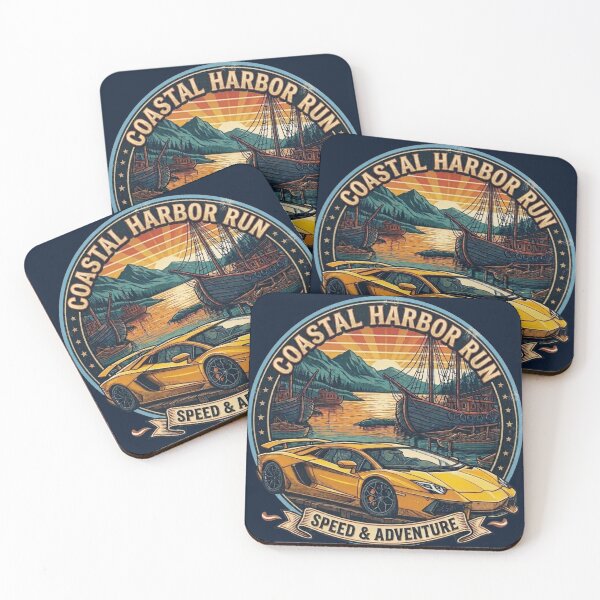 Item preview, Coastal Harbor Run - Yellow Supercar and Vintage Ships at Sunset designed and sold by Chroma Dreams .