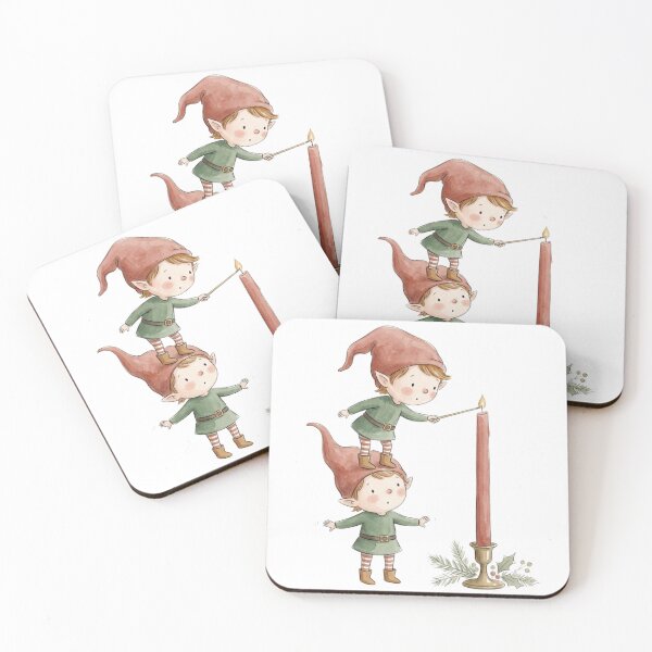 Item preview, Cute Christmas Elves Lighting a Candle – Scandinavian Christmas Watercolor designed and sold by Darlin8888.
