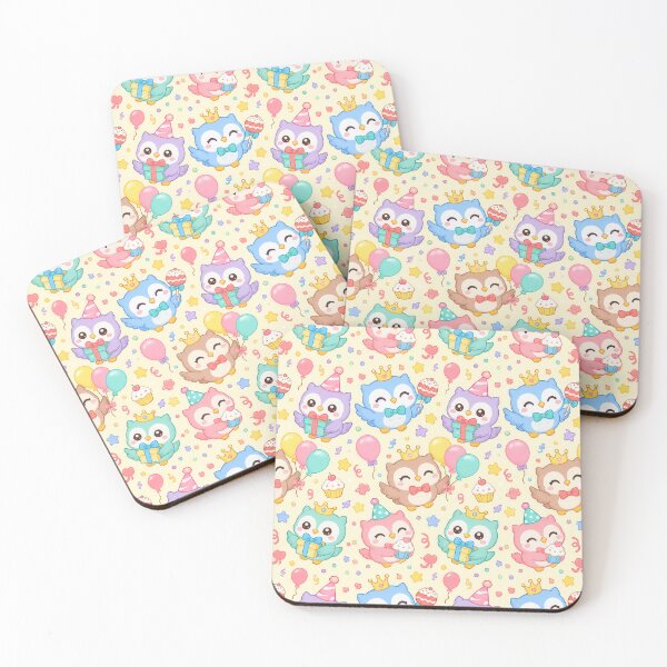Item preview, Cute Kawaii Birthday Owls with Party Crowns and Gifts Pastel Pattern designed and sold by Soft Berry Studio.