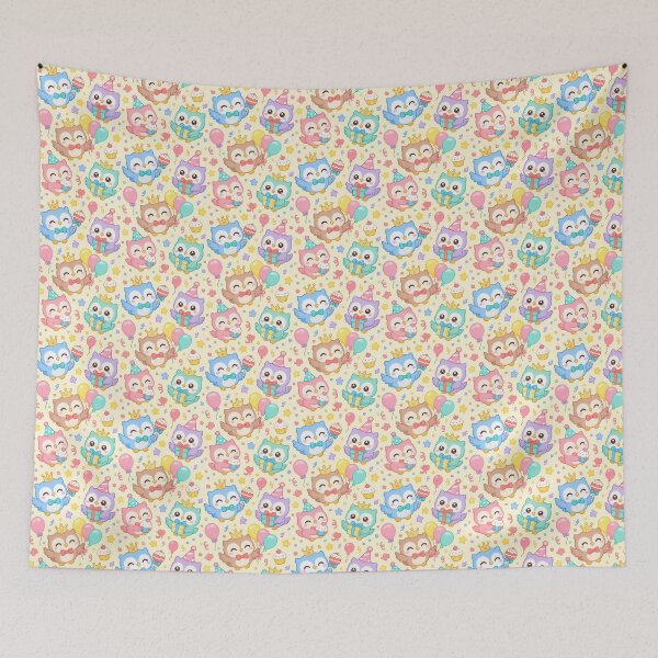 Item preview, Cute Kawaii Birthday Owls with Party Crowns and Gifts Pastel Pattern designed and sold by Soft Berry Studio.