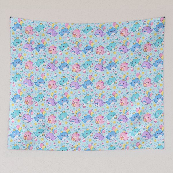 Item preview, Cute Kawaii Birthday Whales with Party Crowns and Balloons Pastel Pattern designed and sold by Soft Berry Studio.