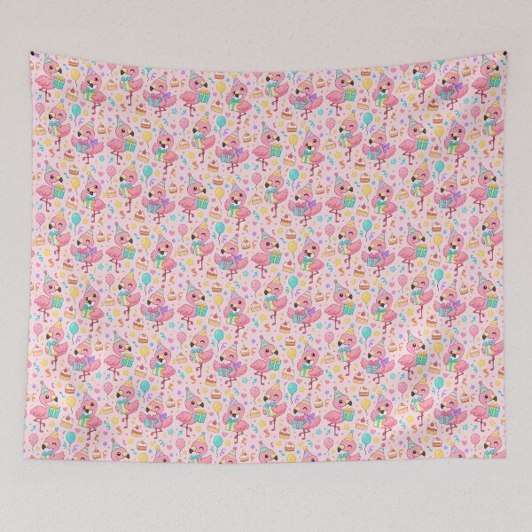 Item preview, Cute Kawaii Birthday Flamingos with Party Hats and Gifts Pastel Pattern designed and sold by Soft Berry Studio.